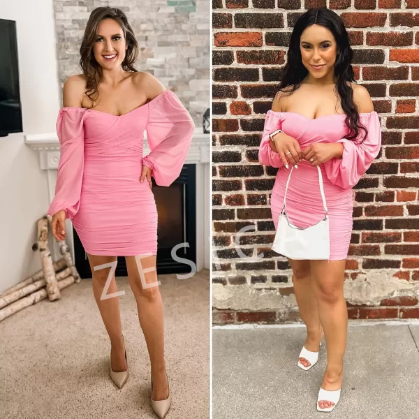 imageZESICA Womens Sexy V Neck Ruched Bodycon Mini Dress Puff Long Sleeve Cocktail Wedding Party Short DressesPink