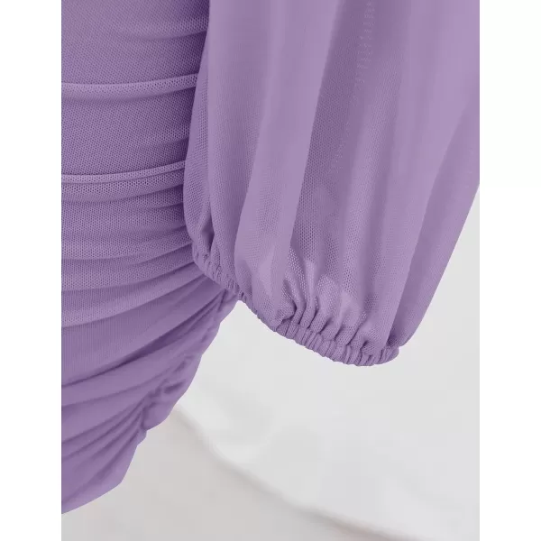 imageZESICA Womens Sexy V Neck Ruched Bodycon Mini Dress Puff Long Sleeve Cocktail Wedding Party Short DressesPurple