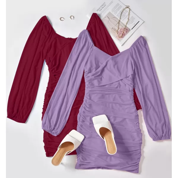 imageZESICA Womens Sexy V Neck Ruched Bodycon Mini Dress Puff Long Sleeve Cocktail Wedding Party Short DressesPurple
