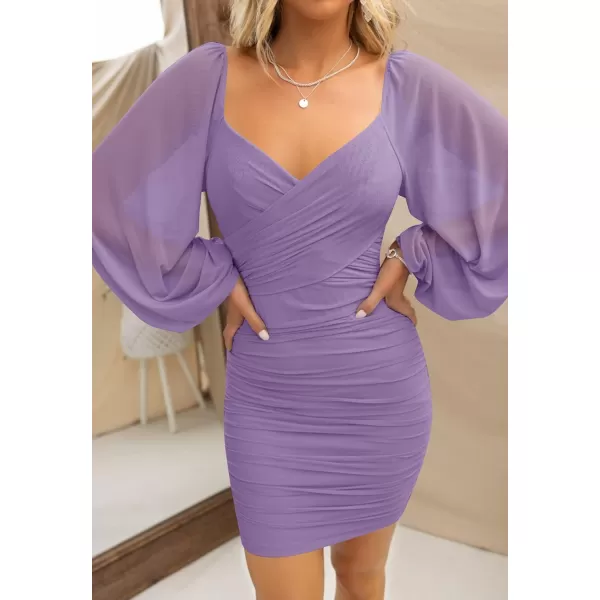 imageZESICA Womens Sexy V Neck Ruched Bodycon Mini Dress Puff Long Sleeve Cocktail Wedding Party Short DressesPurple