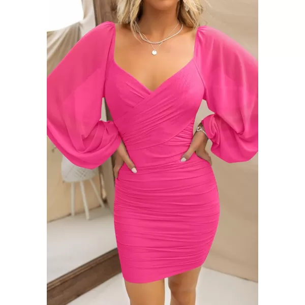 imageZESICA Womens Sexy V Neck Ruched Bodycon Mini Dress Puff Long Sleeve Cocktail Wedding Party Short DressesRose