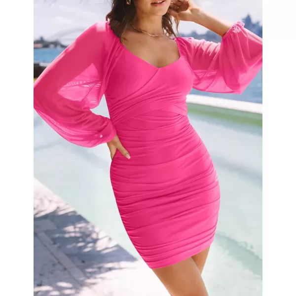 imageZESICA Womens Sexy V Neck Ruched Bodycon Mini Dress Puff Long Sleeve Cocktail Wedding Party Short DressesRose