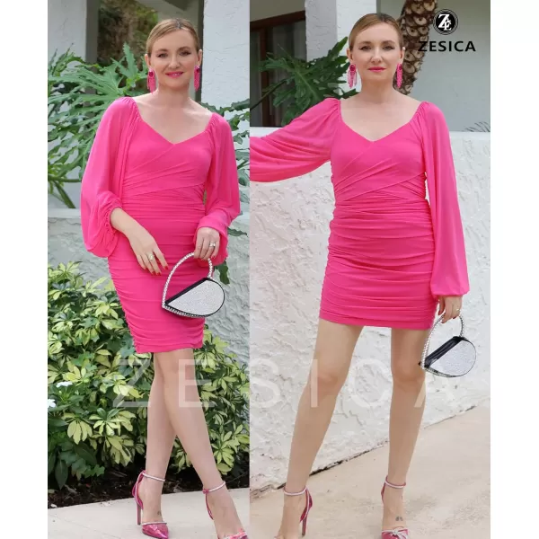 imageZESICA Womens Sexy V Neck Ruched Bodycon Mini Dress Puff Long Sleeve Cocktail Wedding Party Short DressesRose