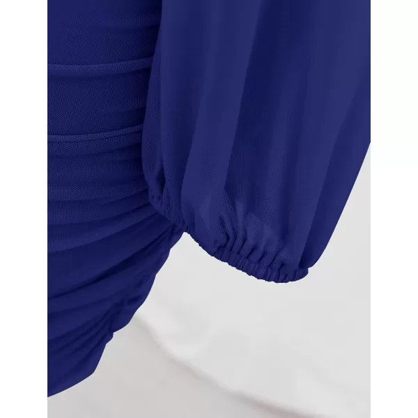 imageZESICA Womens Sexy V Neck Ruched Bodycon Mini Dress Puff Long Sleeve Cocktail Wedding Party Short DressesRoyalblue