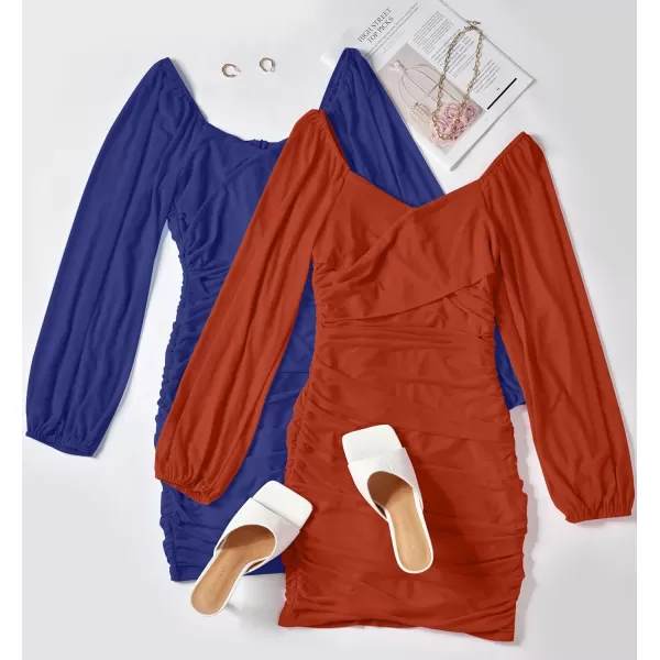 imageZESICA Womens Sexy V Neck Ruched Bodycon Mini Dress Puff Long Sleeve Cocktail Wedding Party Short DressesRust