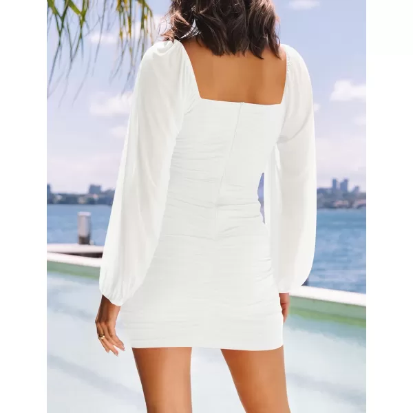 imageZESICA Womens Sexy V Neck Ruched Bodycon Mini Dress Puff Long Sleeve Cocktail Wedding Party Short DressesWhite