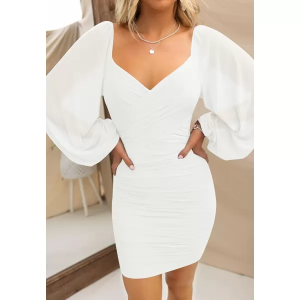 imageZESICA Womens Sexy V Neck Ruched Bodycon Mini Dress Puff Long Sleeve Cocktail Wedding Party Short DressesWhite