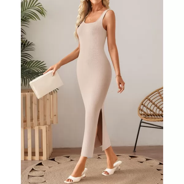 imageZESICA Womens Summer Casual Square Neck Bodycon Midi Dresses 2024 Spring Sleeveless Side Slit Knit Beach Vacation Long DressApricot