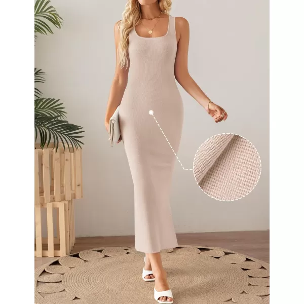 imageZESICA Womens Summer Casual Square Neck Bodycon Midi Dresses 2024 Spring Sleeveless Side Slit Knit Beach Vacation Long DressApricot