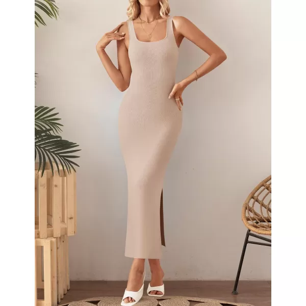 imageZESICA Womens Summer Casual Square Neck Bodycon Midi Dresses 2024 Spring Sleeveless Side Slit Knit Beach Vacation Long DressApricot