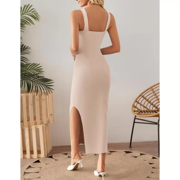 imageZESICA Womens Summer Casual Square Neck Bodycon Midi Dresses 2024 Spring Sleeveless Side Slit Knit Beach Vacation Long DressApricot