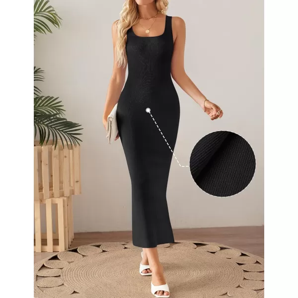 imageZESICA Womens Summer Casual Square Neck Bodycon Midi Dresses 2024 Spring Sleeveless Side Slit Knit Beach Vacation Long DressBlack