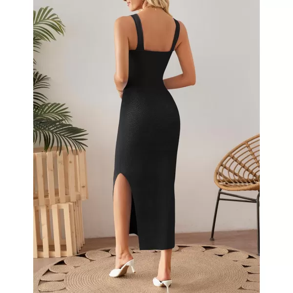 imageZESICA Womens Summer Casual Square Neck Bodycon Midi Dresses 2024 Spring Sleeveless Side Slit Knit Beach Vacation Long DressBlack