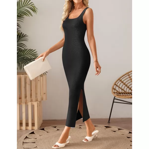 imageZESICA Womens Summer Casual Square Neck Bodycon Midi Dresses 2024 Spring Sleeveless Side Slit Knit Beach Vacation Long DressBlack