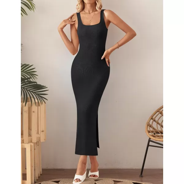 imageZESICA Womens Summer Casual Square Neck Bodycon Midi Dresses 2024 Spring Sleeveless Side Slit Knit Beach Vacation Long DressBlack