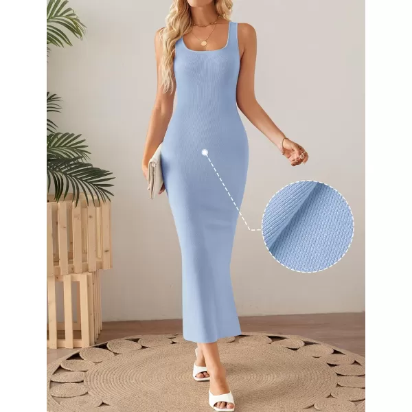 imageZESICA Womens Summer Casual Square Neck Bodycon Midi Dresses 2024 Spring Sleeveless Side Slit Knit Beach Vacation Long DressBlue