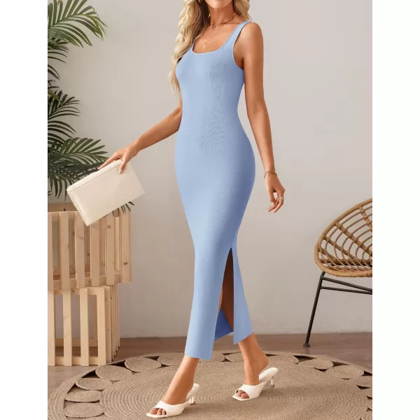 imageZESICA Womens Summer Casual Square Neck Bodycon Midi Dresses 2024 Spring Sleeveless Side Slit Knit Beach Vacation Long DressBlue