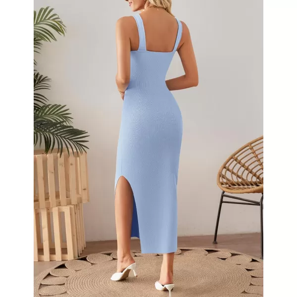 imageZESICA Womens Summer Casual Square Neck Bodycon Midi Dresses 2024 Spring Sleeveless Side Slit Knit Beach Vacation Long DressBlue
