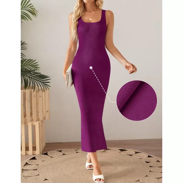imageZESICA Womens Summer Casual Square Neck Bodycon Midi Dresses 2024 Spring Sleeveless Side Slit Knit Beach Vacation Long DressFuchsia