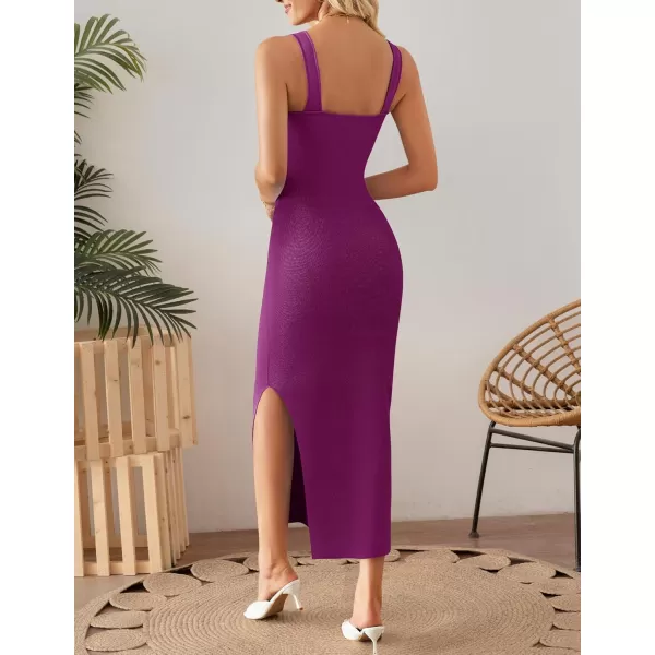 imageZESICA Womens Summer Casual Square Neck Bodycon Midi Dresses 2024 Spring Sleeveless Side Slit Knit Beach Vacation Long DressFuchsia