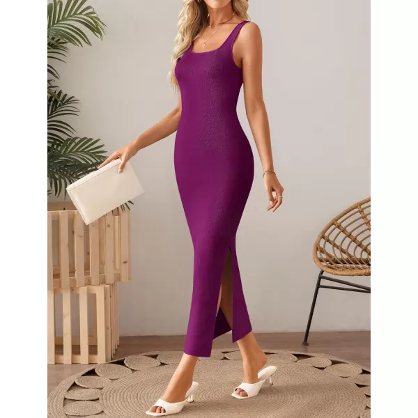 imageZESICA Womens Summer Casual Square Neck Bodycon Midi Dresses 2024 Spring Sleeveless Side Slit Knit Beach Vacation Long DressFuchsia