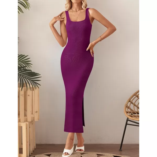 imageZESICA Womens Summer Casual Square Neck Bodycon Midi Dresses 2024 Spring Sleeveless Side Slit Knit Beach Vacation Long DressFuchsia