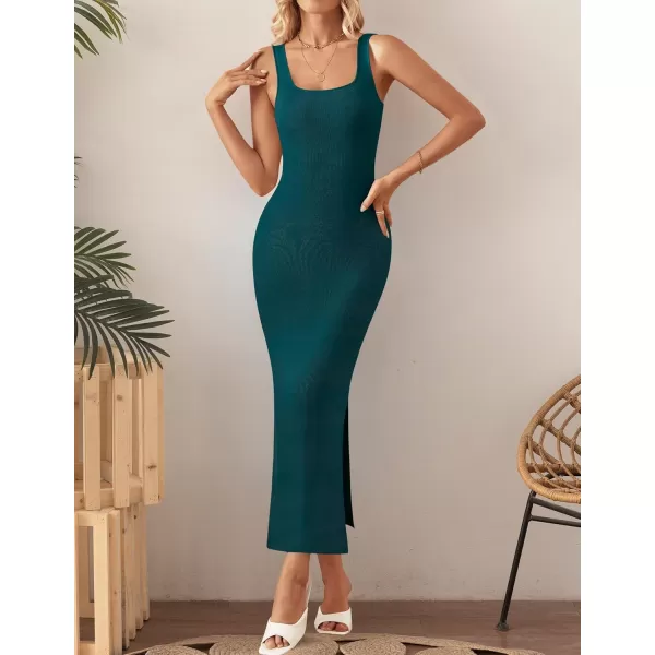 imageZESICA Womens Summer Casual Square Neck Bodycon Midi Dresses 2024 Spring Sleeveless Side Slit Knit Beach Vacation Long DressGreen