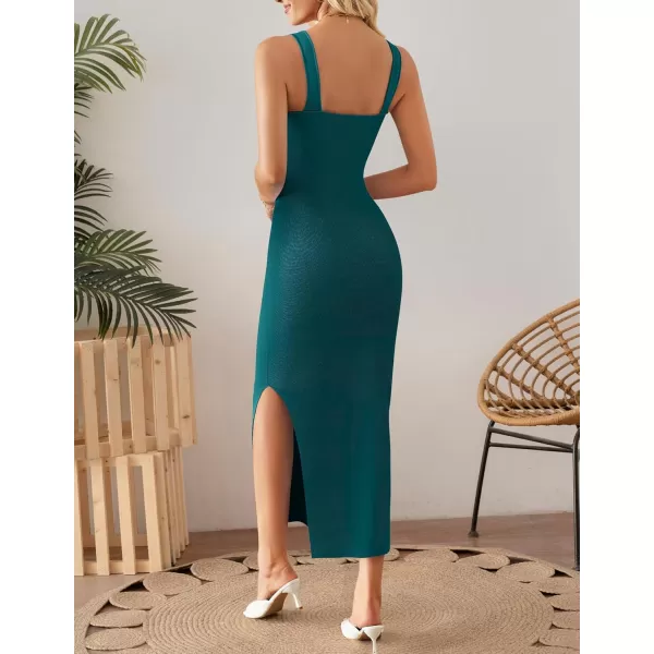 imageZESICA Womens Summer Casual Square Neck Bodycon Midi Dresses 2024 Spring Sleeveless Side Slit Knit Beach Vacation Long DressGreen