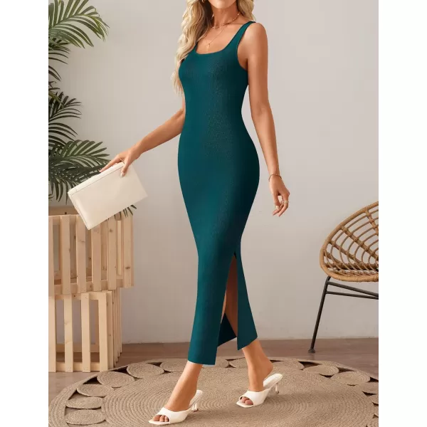 imageZESICA Womens Summer Casual Square Neck Bodycon Midi Dresses 2024 Spring Sleeveless Side Slit Knit Beach Vacation Long DressGreen