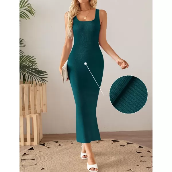 imageZESICA Womens Summer Casual Square Neck Bodycon Midi Dresses 2024 Spring Sleeveless Side Slit Knit Beach Vacation Long DressGreen