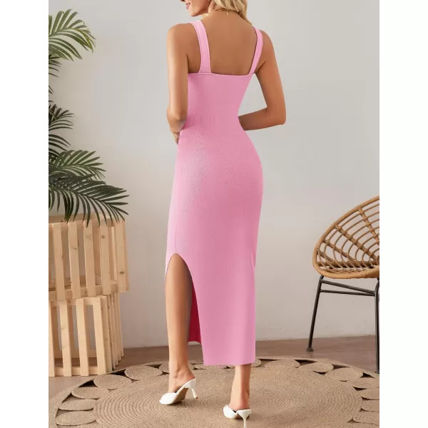 imageZESICA Womens Summer Casual Square Neck Bodycon Midi Dresses 2024 Spring Sleeveless Side Slit Knit Beach Vacation Long DressPink