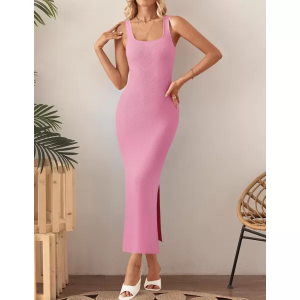 imageZESICA Womens Summer Casual Square Neck Bodycon Midi Dresses 2024 Spring Sleeveless Side Slit Knit Beach Vacation Long DressPink