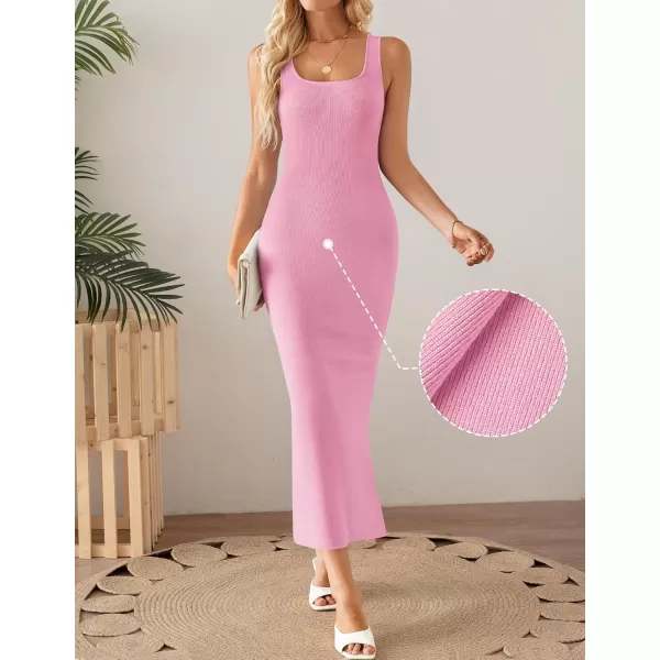 imageZESICA Womens Summer Casual Square Neck Bodycon Midi Dresses 2024 Spring Sleeveless Side Slit Knit Beach Vacation Long DressPink