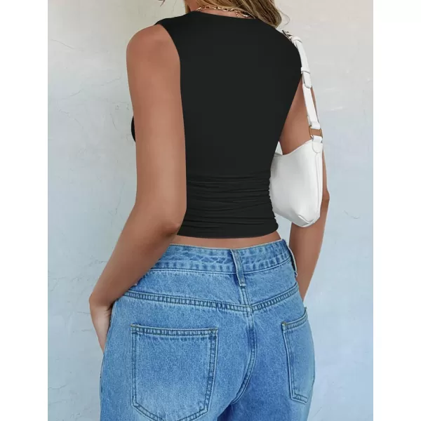 imageZESICA Womens Summer Tank Tops 2024 Sleeveless Crewneck Knit Slim Fitted Side Ruched Casual Basic ShirtBlack