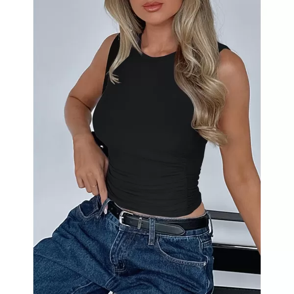 imageZESICA Womens Summer Tank Tops 2024 Sleeveless Crewneck Knit Slim Fitted Side Ruched Casual Basic ShirtBlack