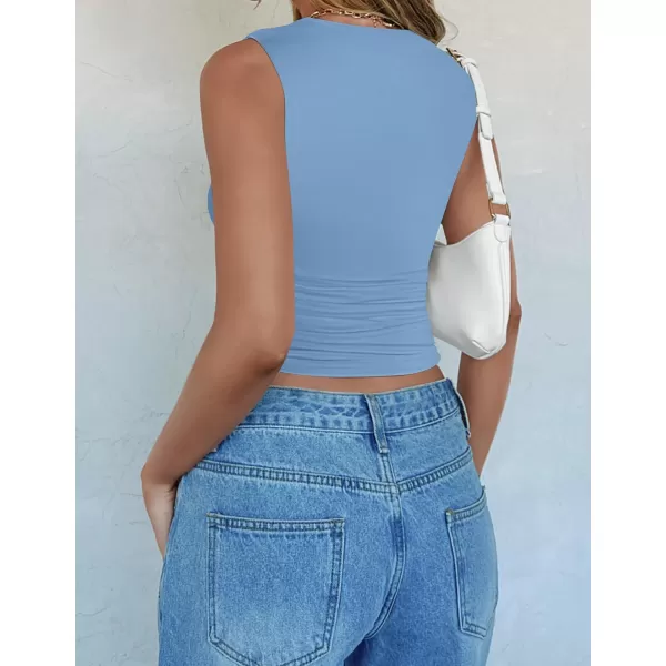 imageZESICA Womens Summer Tank Tops 2024 Sleeveless Crewneck Knit Slim Fitted Side Ruched Casual Basic ShirtBlue