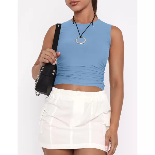 imageZESICA Womens Summer Tank Tops 2024 Sleeveless Crewneck Knit Slim Fitted Side Ruched Casual Basic ShirtBlue