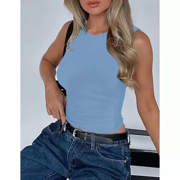 imageZESICA Womens Summer Tank Tops 2024 Sleeveless Crewneck Knit Slim Fitted Side Ruched Casual Basic ShirtBlue