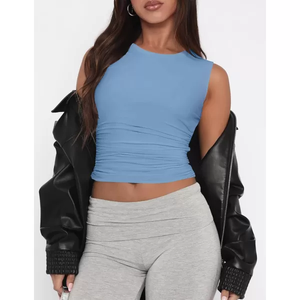 imageZESICA Womens Summer Tank Tops 2024 Sleeveless Crewneck Knit Slim Fitted Side Ruched Casual Basic ShirtBlue