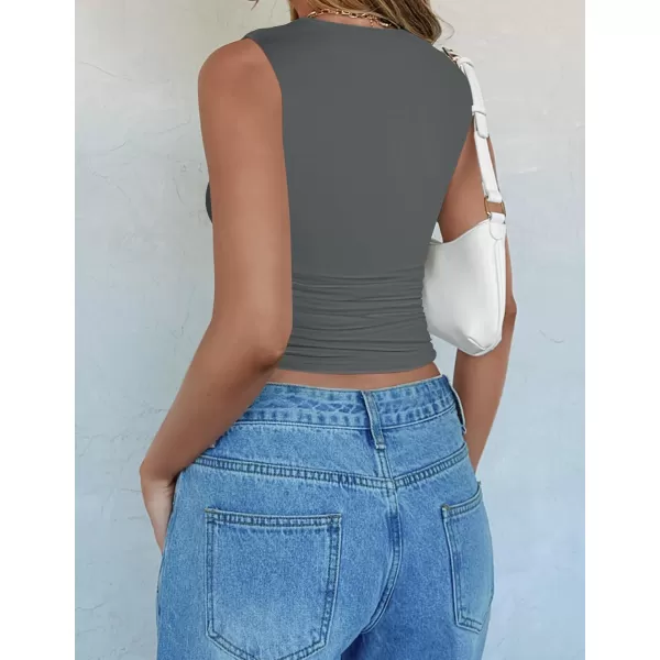 imageZESICA Womens Summer Tank Tops 2024 Sleeveless Crewneck Knit Slim Fitted Side Ruched Casual Basic ShirtCharcoal
