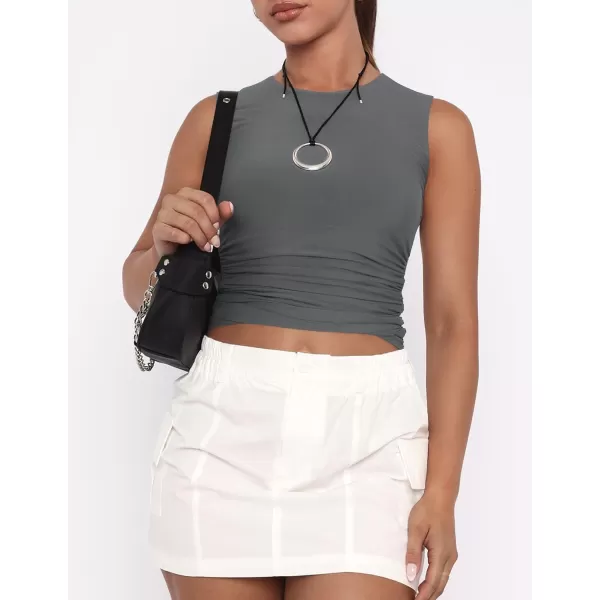 imageZESICA Womens Summer Tank Tops 2024 Sleeveless Crewneck Knit Slim Fitted Side Ruched Casual Basic ShirtCharcoal