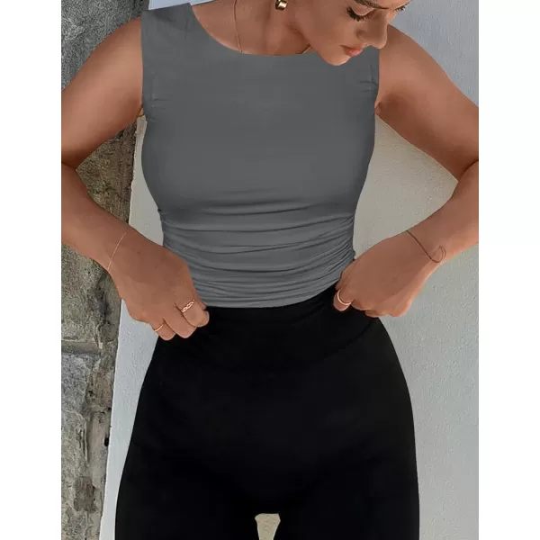 imageZESICA Womens Summer Tank Tops 2024 Sleeveless Crewneck Knit Slim Fitted Side Ruched Casual Basic ShirtCharcoal