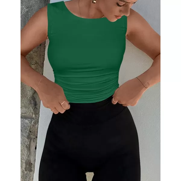 imageZESICA Womens Summer Tank Tops 2024 Sleeveless Crewneck Knit Slim Fitted Side Ruched Casual Basic ShirtGreen