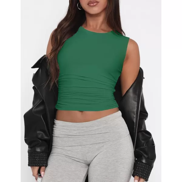 imageZESICA Womens Summer Tank Tops 2024 Sleeveless Crewneck Knit Slim Fitted Side Ruched Casual Basic ShirtGreen