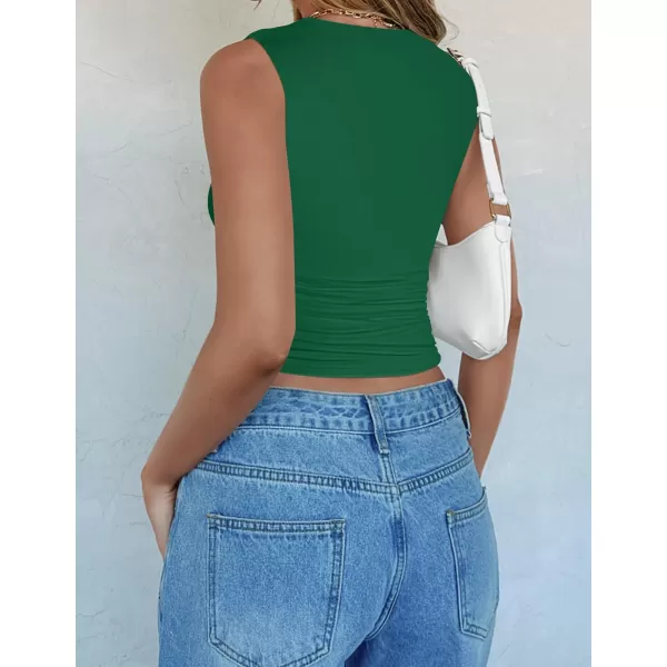 imageZESICA Womens Summer Tank Tops 2024 Sleeveless Crewneck Knit Slim Fitted Side Ruched Casual Basic ShirtGreen