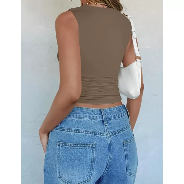 imageZESICA Womens Summer Tank Tops 2024 Sleeveless Crewneck Knit Slim Fitted Side Ruched Casual Basic ShirtMocha