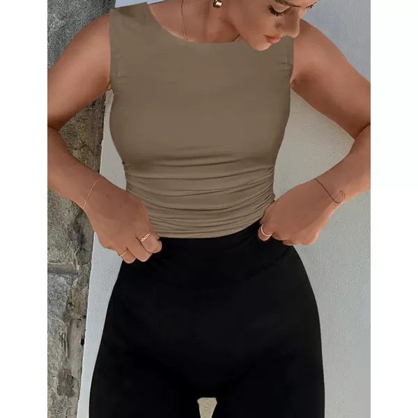 imageZESICA Womens Summer Tank Tops 2024 Sleeveless Crewneck Knit Slim Fitted Side Ruched Casual Basic ShirtMocha