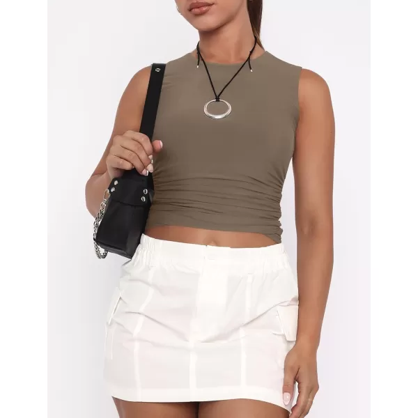 imageZESICA Womens Summer Tank Tops 2024 Sleeveless Crewneck Knit Slim Fitted Side Ruched Casual Basic ShirtMocha