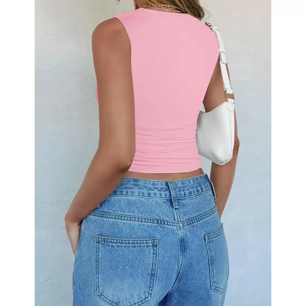imageZESICA Womens Summer Tank Tops 2024 Sleeveless Crewneck Knit Slim Fitted Side Ruched Casual Basic ShirtPink