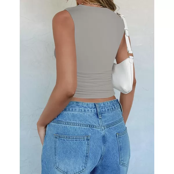 imageZESICA Womens Summer Tank Tops 2024 Sleeveless Crewneck Knit Slim Fitted Side Ruched Casual Basic ShirtSmoke